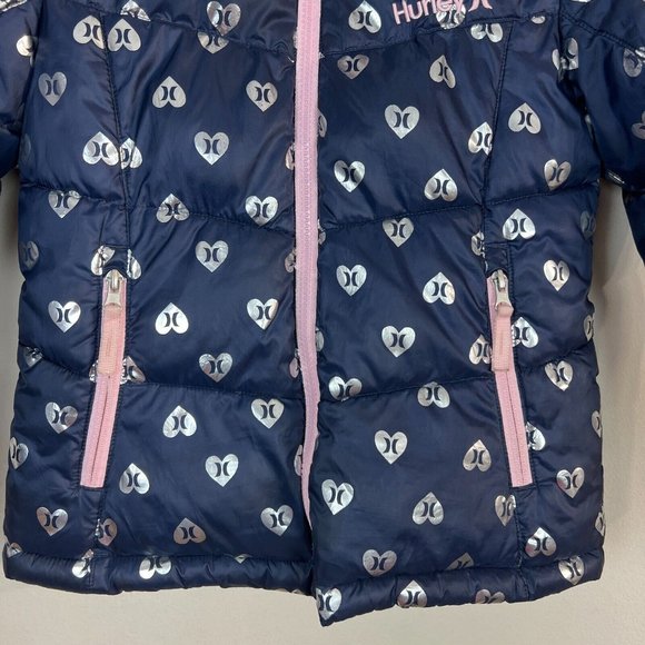 Hurley Puffer Jacket Girls S 8 10 Heart Navy Silver Fleece Lined Hooded Full Zip - Picture 5 of 14